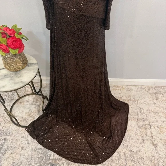 IEENA Mac Duggal Chocolate Brown Sequins Embellished Long Sleeve High Slit Gown